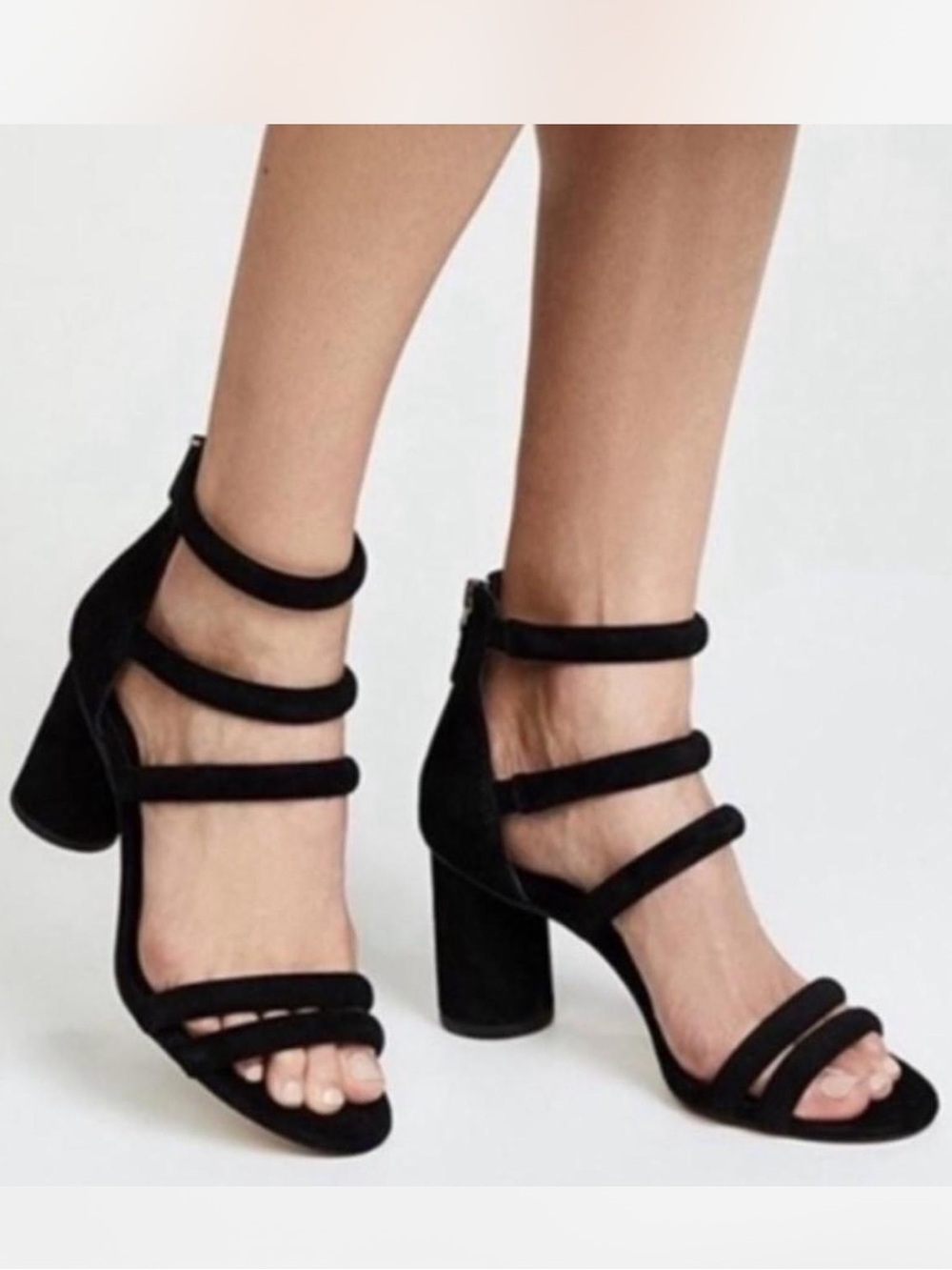 Rebecca Minkoff Black Suede Cage Strappy Block Heel Sandals 7.5